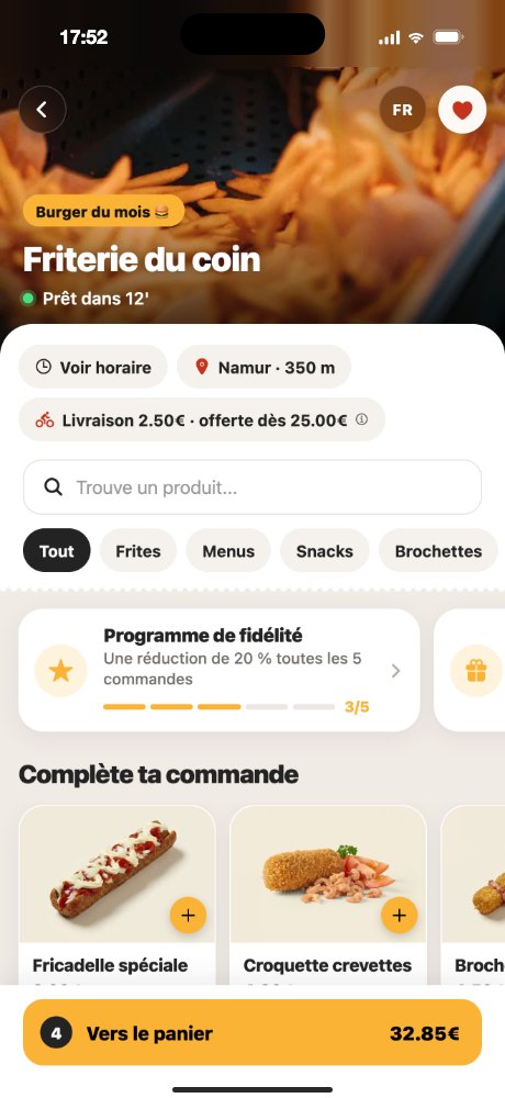 La page d'une friterie dans l'app Fritzy, avec son menu