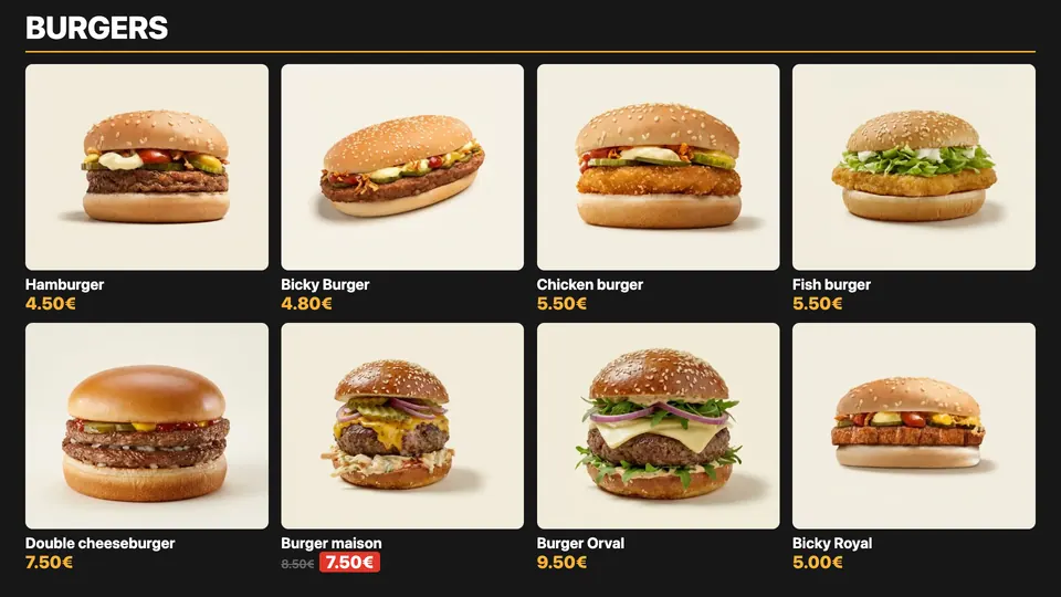 Écran menu Fritzy en grille de photos : les burgers d'une friterie et leurs prix, dont un burger en promo