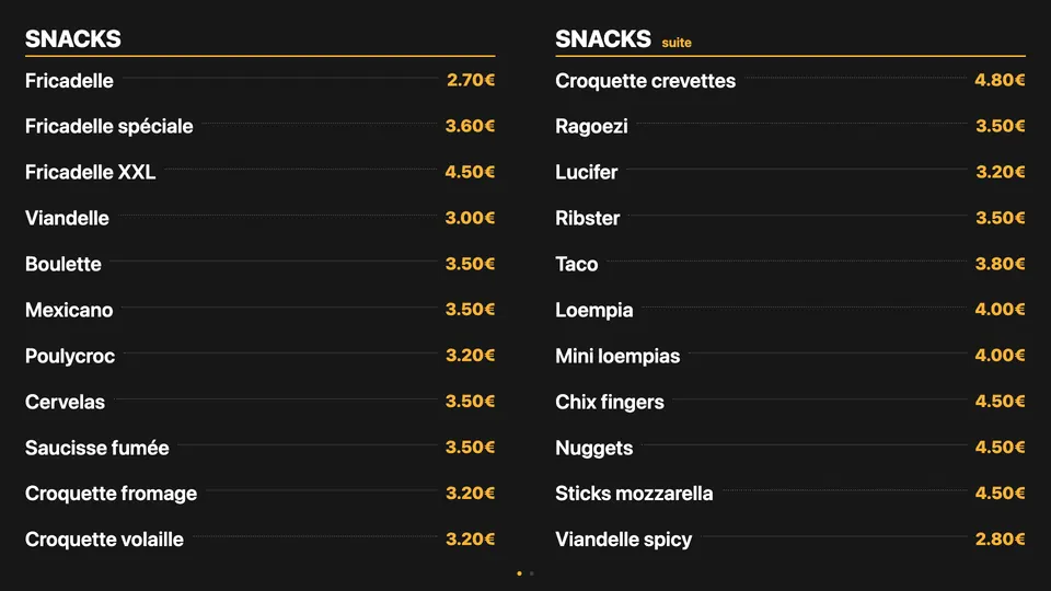 Écran menu Fritzy en liste de prix sur deux colonnes : les snacks d'une friterie et leurs prix