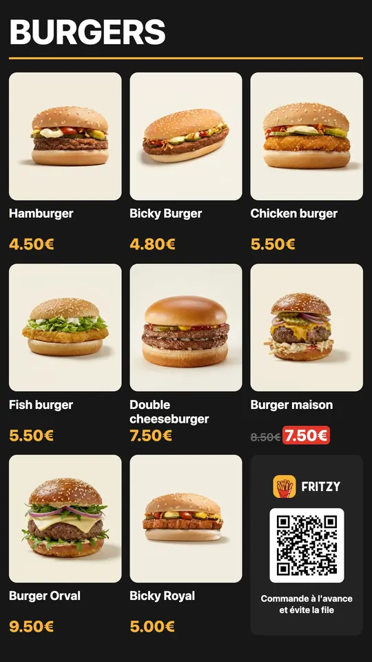 Écran menu Fritzy à la verticale : les burgers en photos et un QR code pour commander à l'avance