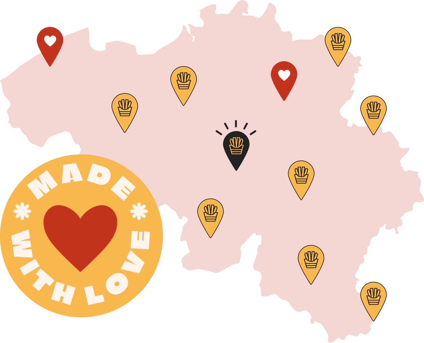Carte de la Belgique parsemée de friteries, avec un badge « Made with love »